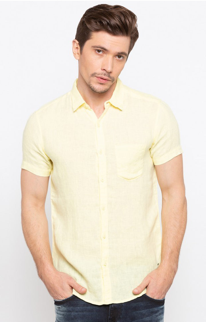 Spykar Men Yellow Cotton Slim Fit Casual Shirts