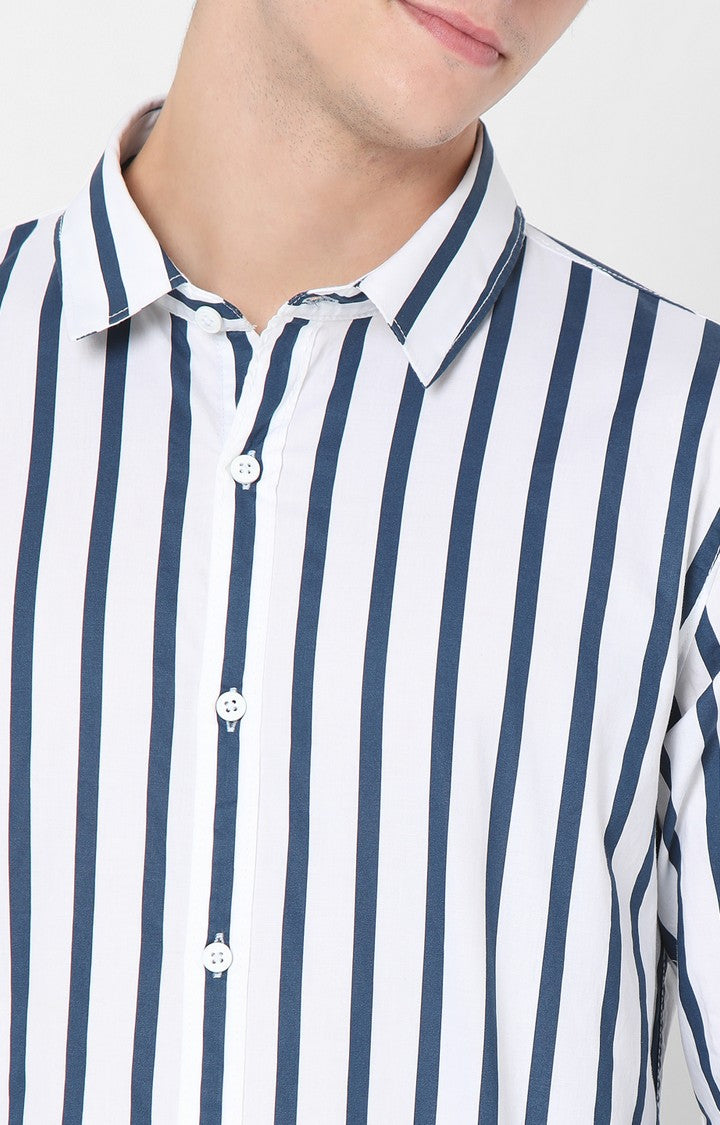 Spykar Slim Fit White & Blue Striped Full Sleeve Shirts For Men