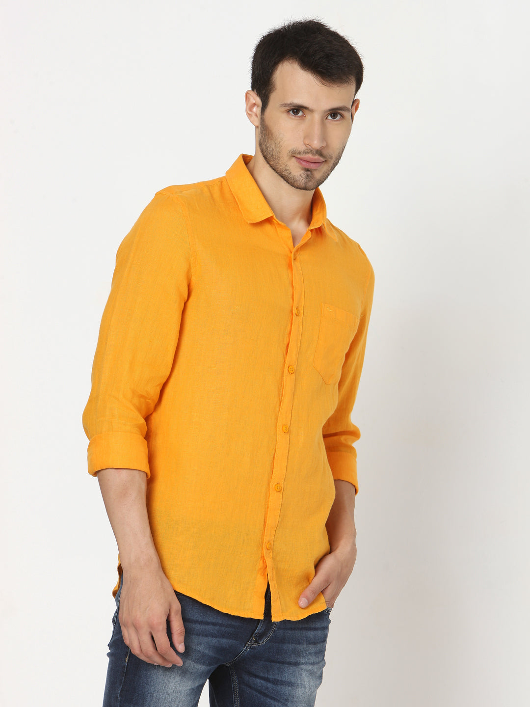 Spykar Slim Fit Men Yellow Cotton Casual Shirts