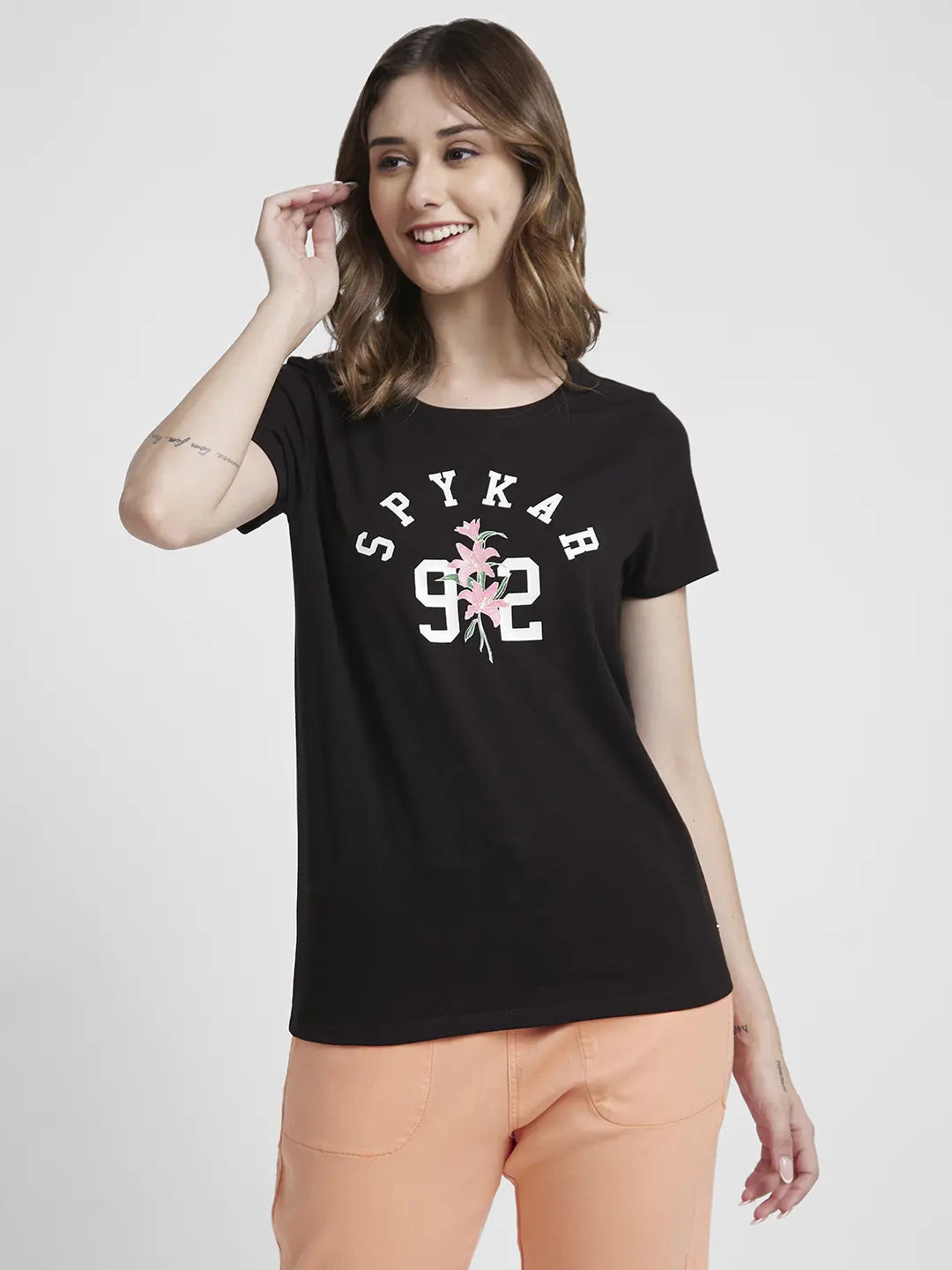 Spykar Women Black Blended Regular Fit Half Sleeve Round Neck Printed Tshirt
