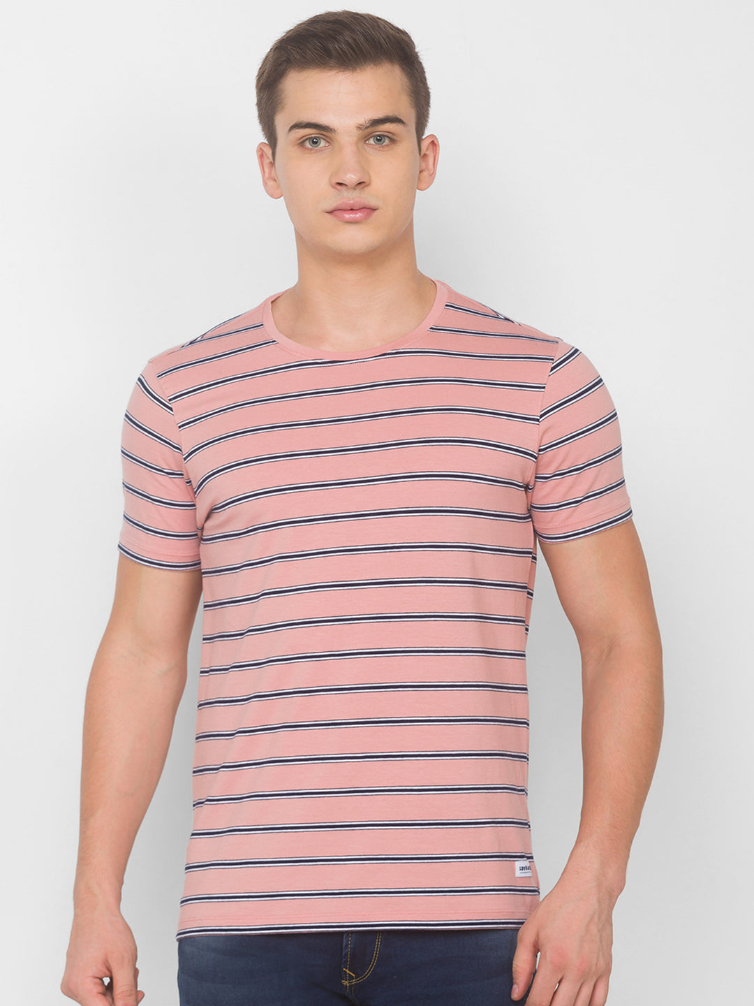 Spykar Men Pink Cotton Slim Fit Round Neck T-Shirt