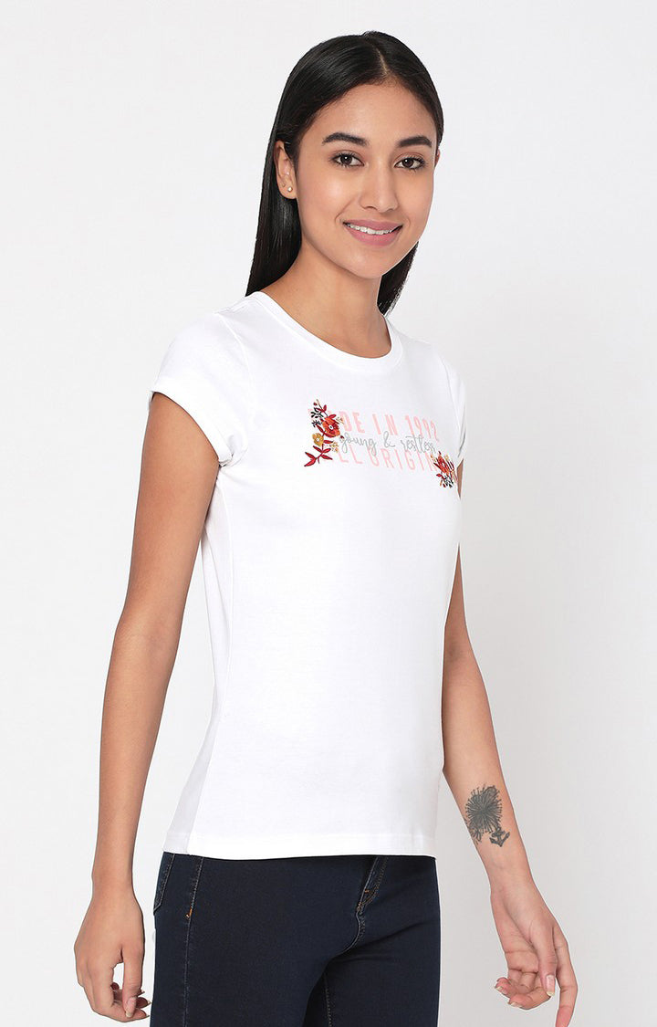 Spykar Women White Cotton Slim Fit Round Neck Crop T-Shirts