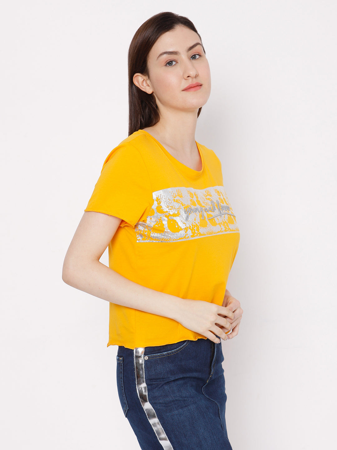 Spykar Women Yellow Cotton Slim Fit Round Neck T-Shirts