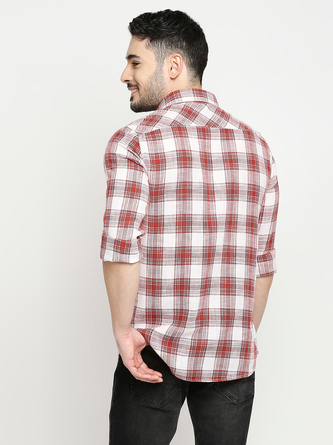 Spykar Brick Red Cotton Full Sleeve Checkered Shirt For Men