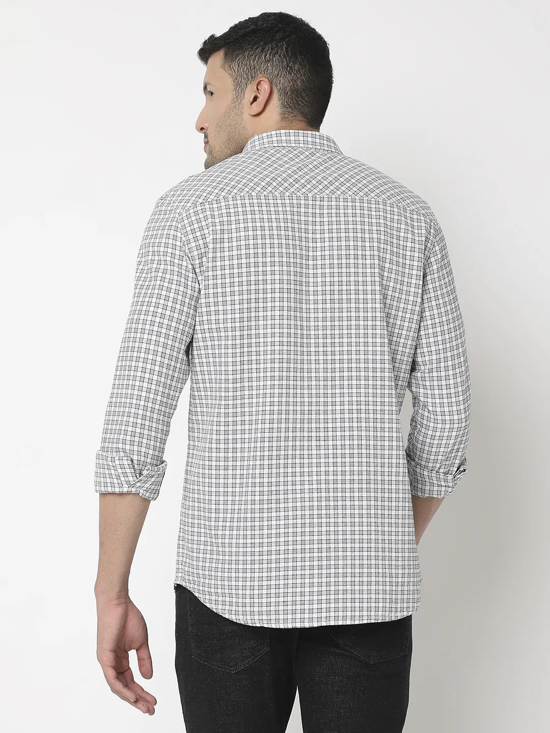 Spykar Men White Cotton Slim Fit Checkered Shirt