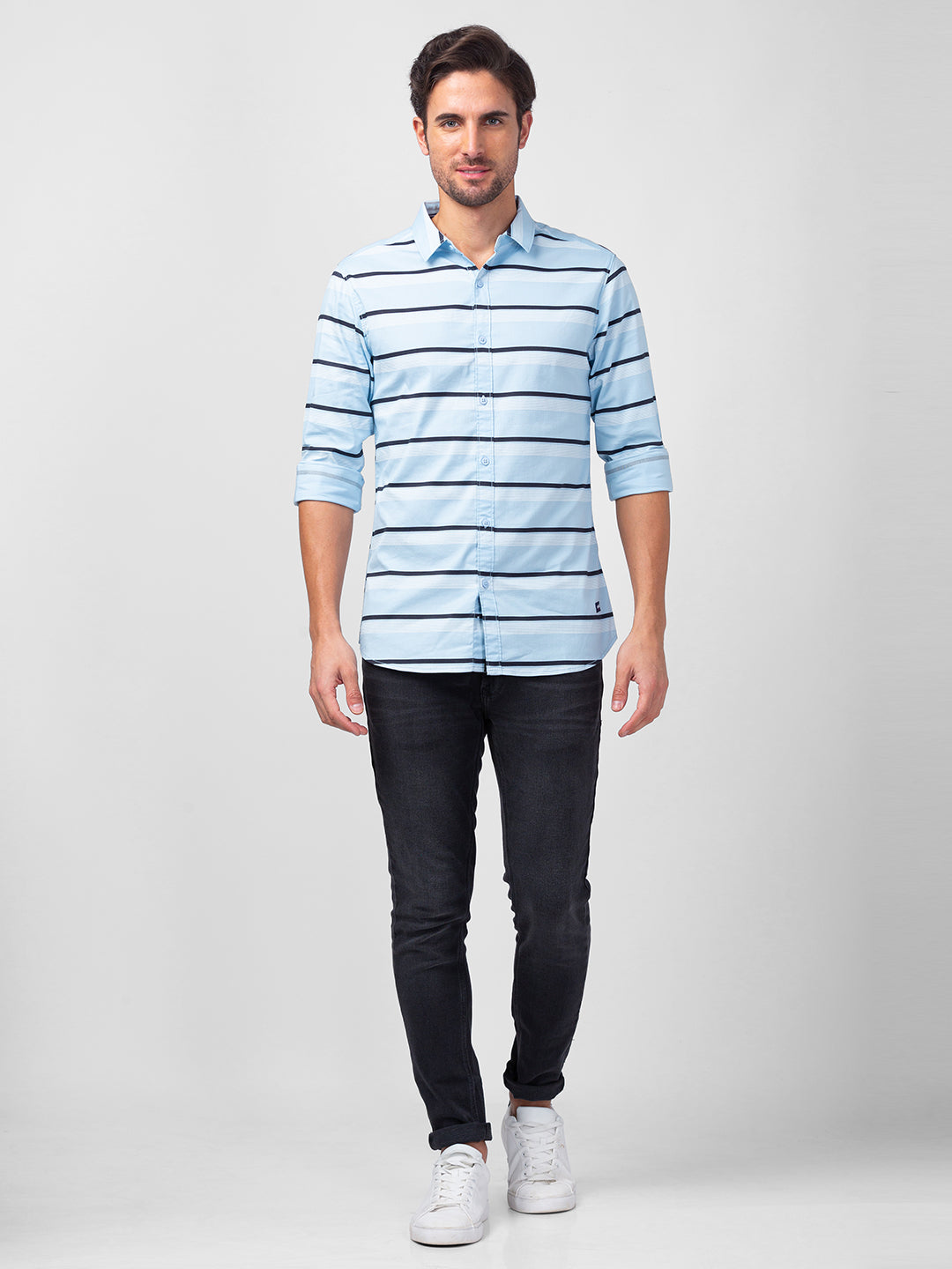 Spykar Men Sky Blue Cotton Slim Fit Striped Shirts