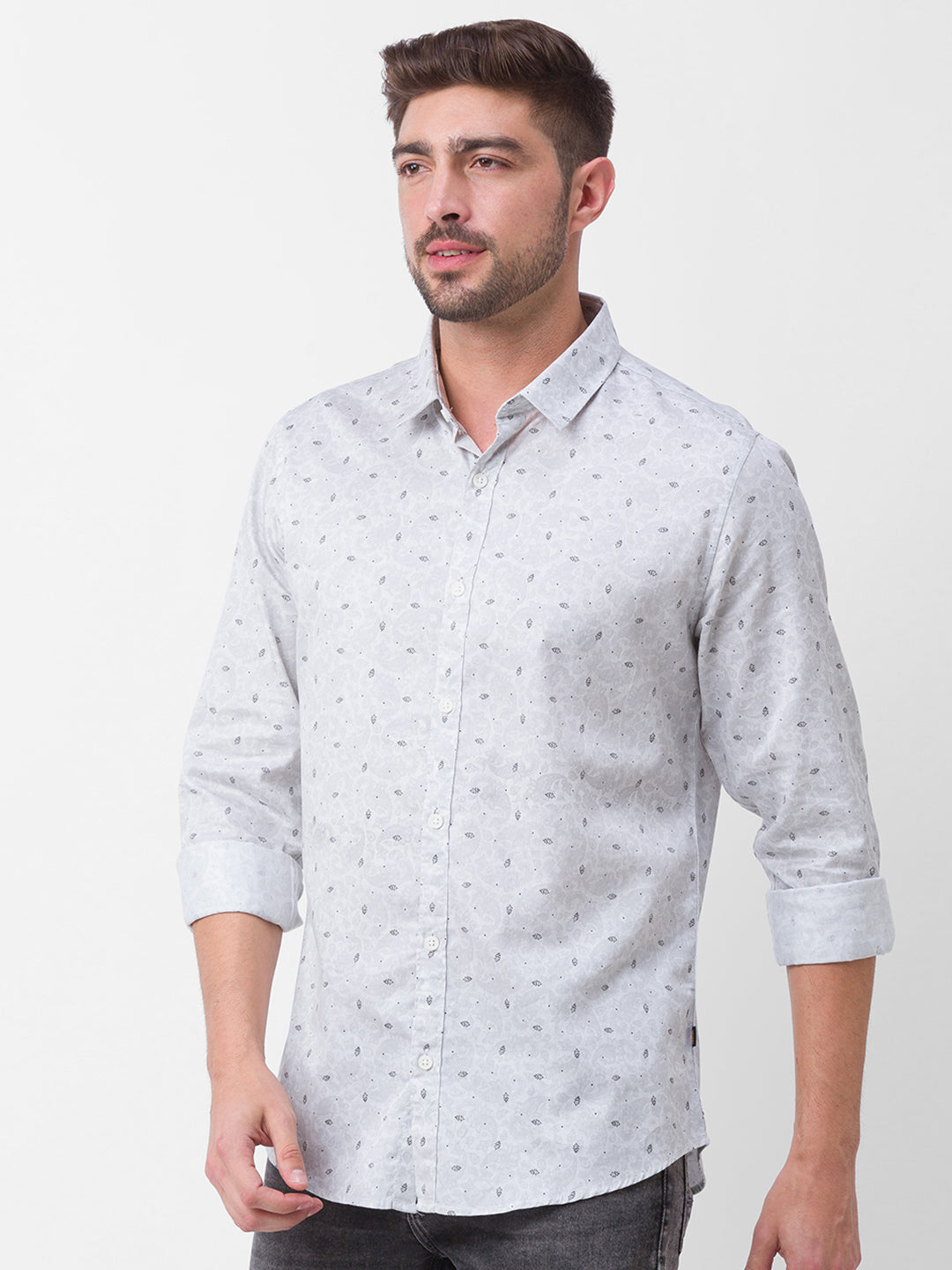 Spykar White Satin Full Sleeve Printed Shirt For Men