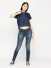 Spykar Women Dark Blue Lycra Regular Fit Denim Tshirt