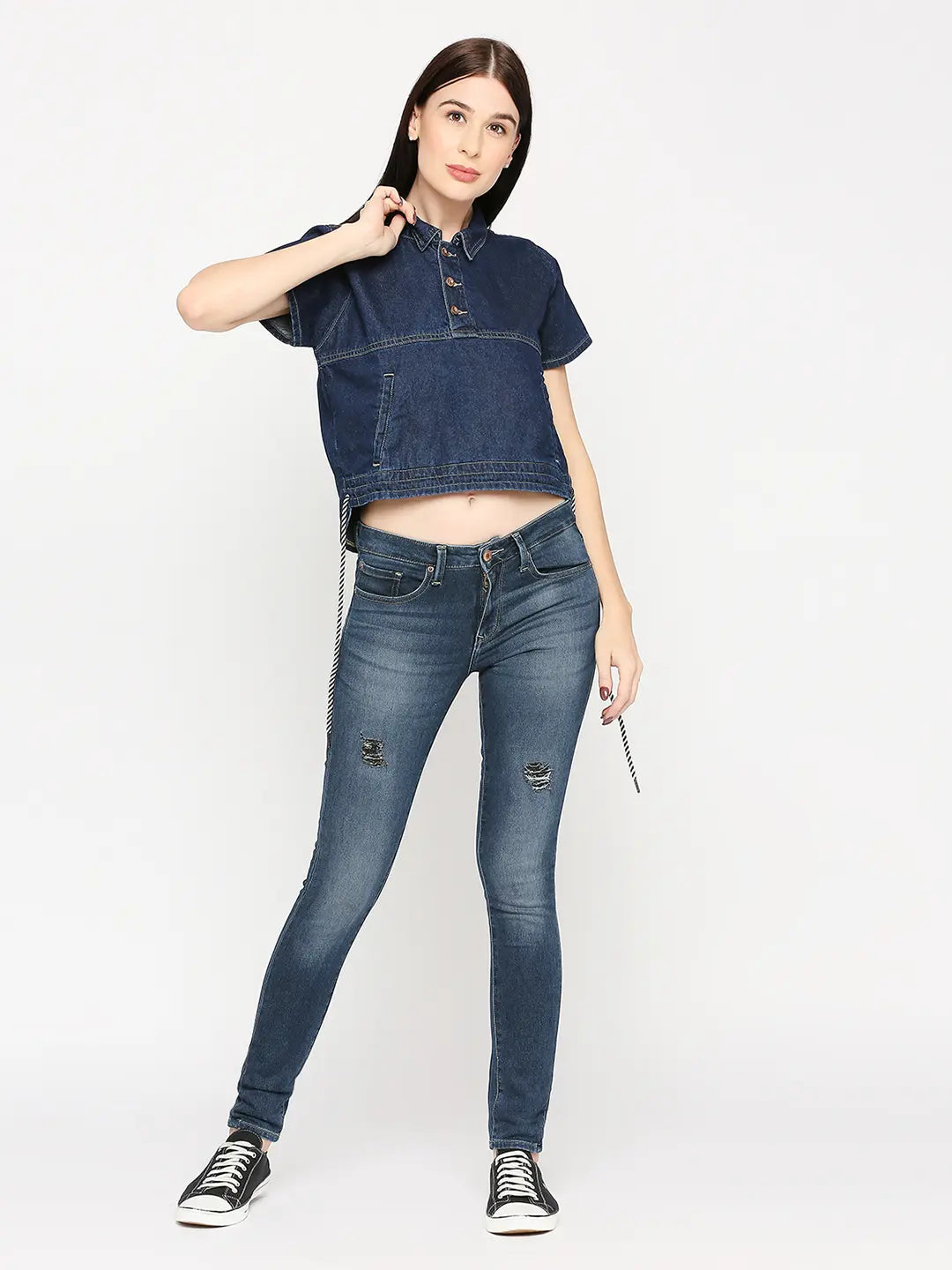 Spykar Women Dark Blue Lycra Regular Fit Denim Tshirt