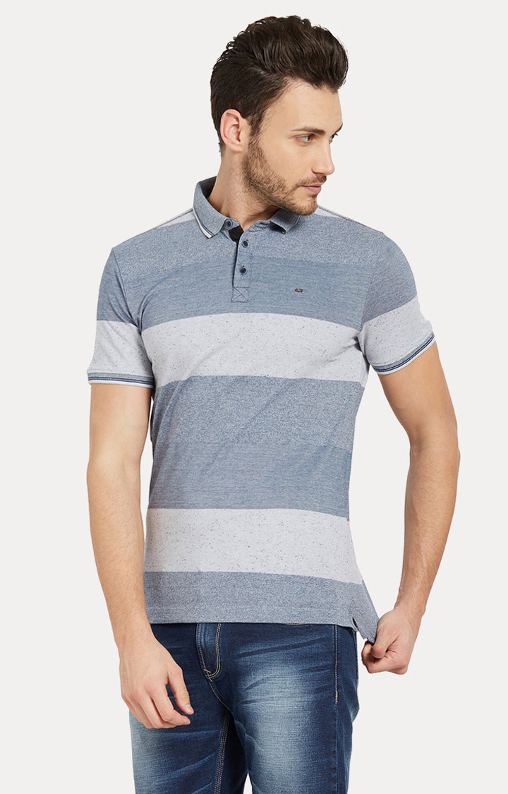 Spykar Blue Striped Slim Fit Polo Tshirt For Men