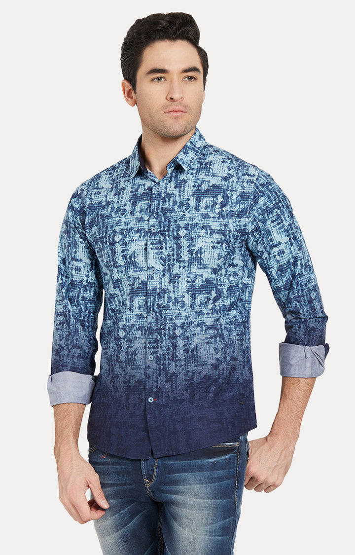 Spykar Men Blue Cotton Slim Fit Full Sleeve Printed Shirt