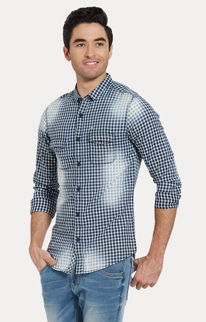 Spykar Men Blue Checked Slim Fit Casual Shirt