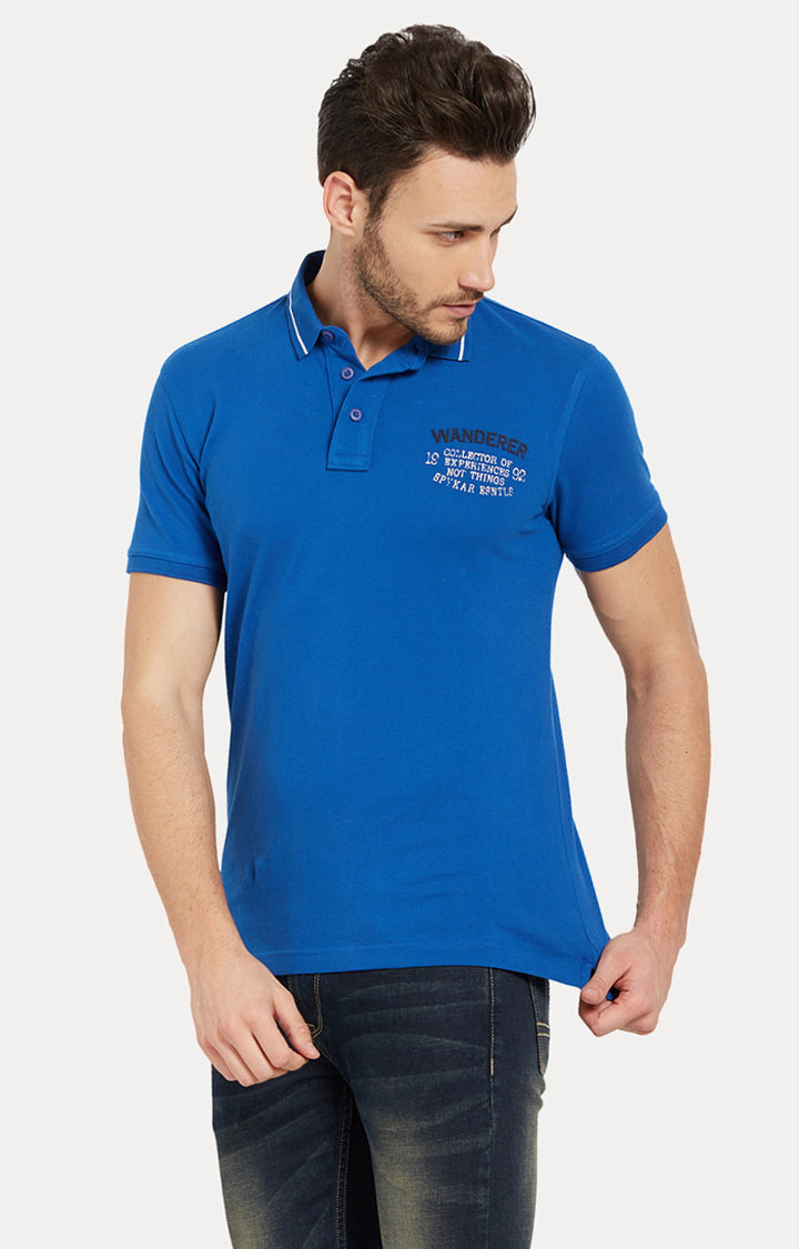 Spykar Men Blue Cotton Slim Fit Polo T-Shirt