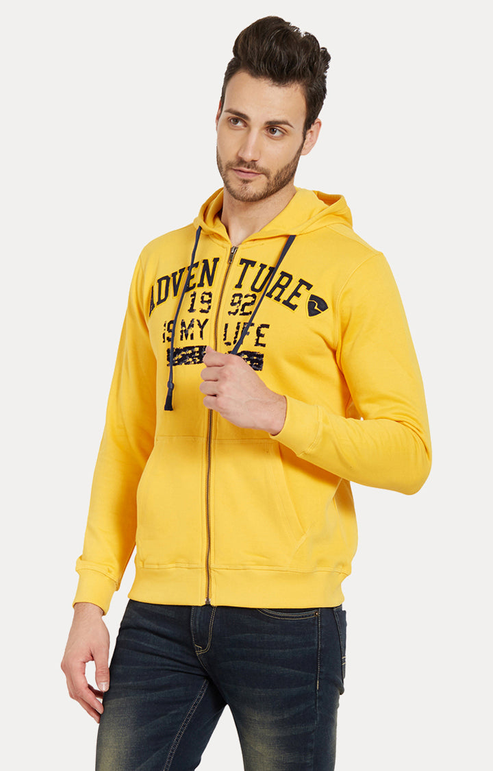 Spykar Men Yellow Cotton Slim Fit Hooded Sweatshirt