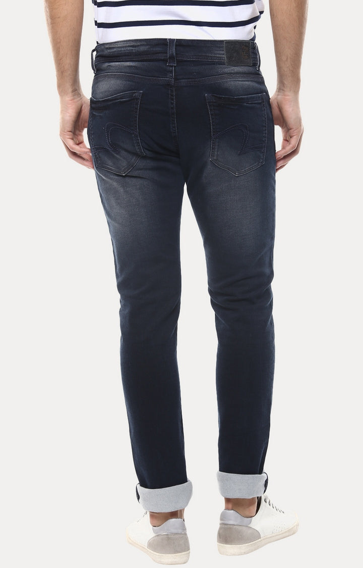 Spykar Blue Cotton Slim Fit Tapered Ankle Length Jeans For Men