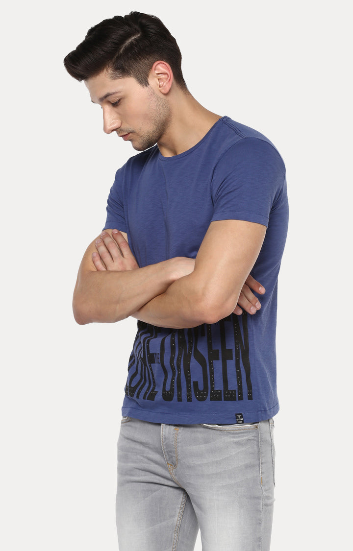 Spykar Men Blue Cotton Slim Fit Round Neck T-Shirt