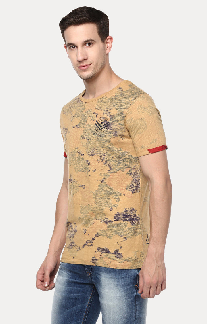 Spykar Beige Cotton Slim Fit T-Shirt For Men