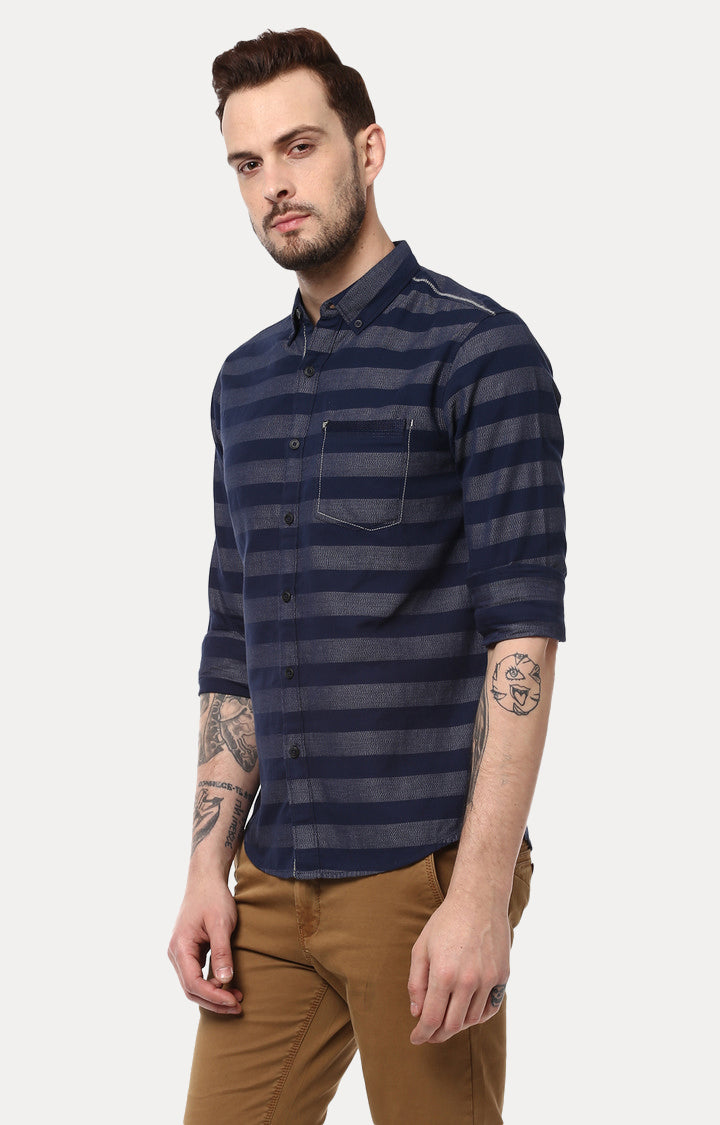 Spykar Men Navy Striped Slim Fit Casual Shirt