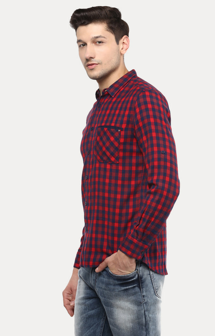 Spykar Men Red Cotton Slim Fit Checkered Shirts