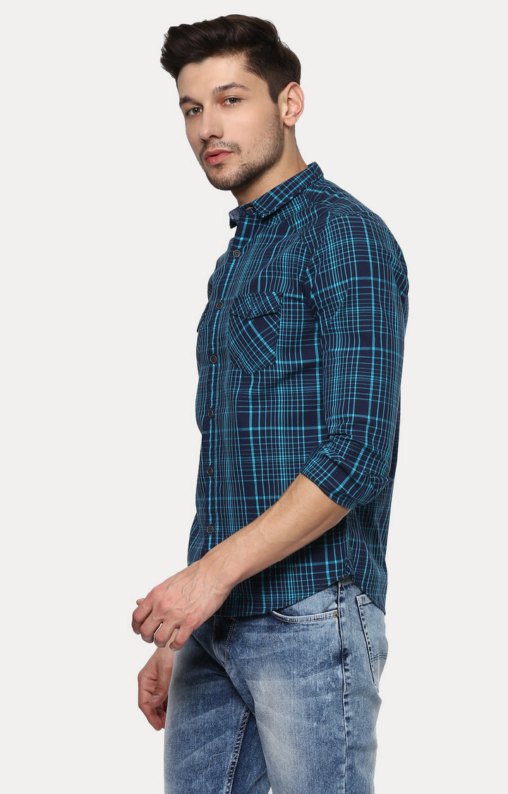 Spykar Men Blue Checked Slim Fit Casual Shirt