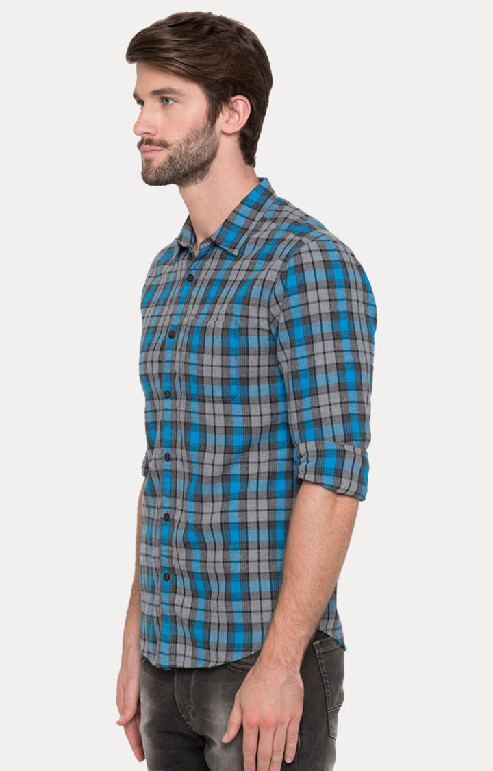 Spykar Men Blue Checked Slim Fit Casual Shirt