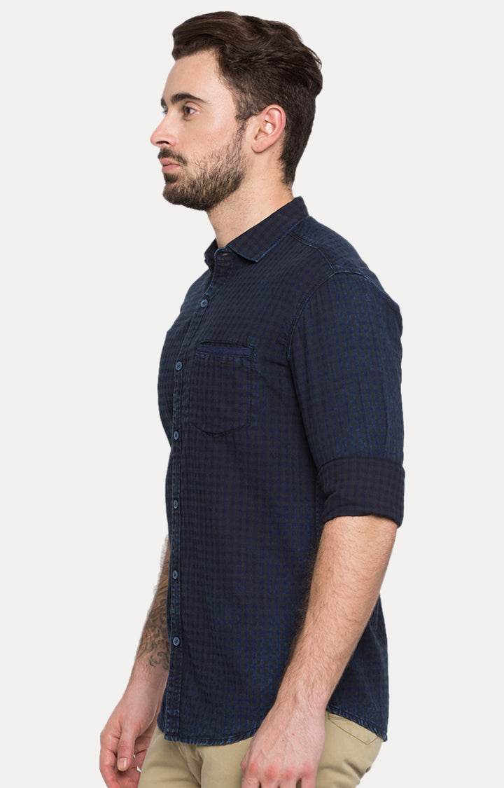 Spykar Men Blue Checked Slim Fit Casual Shirt