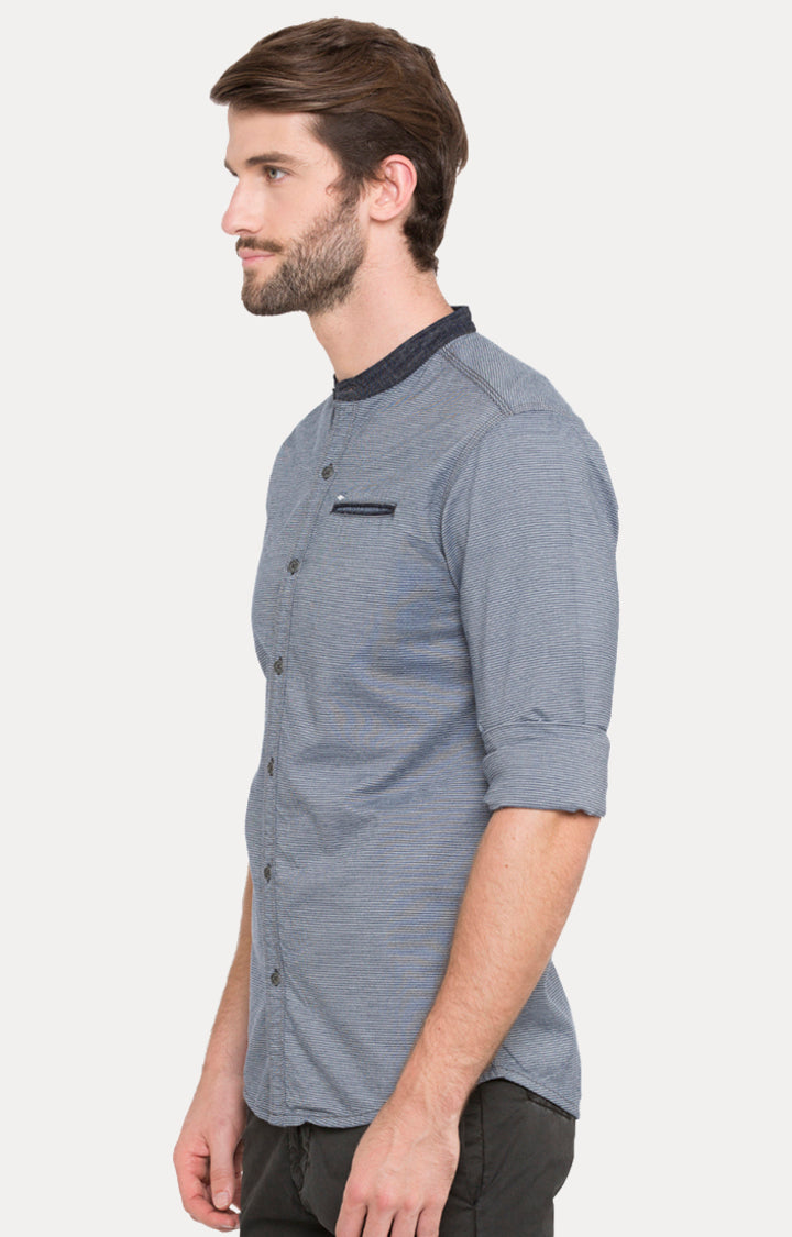 Spykar Men Blue Striped Slim Fit Casual Shirt