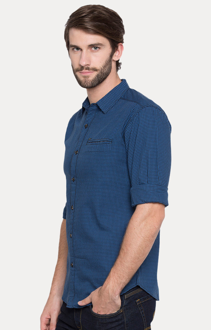 Spykar Men Blue Checked Slim Fit Casual Shirt