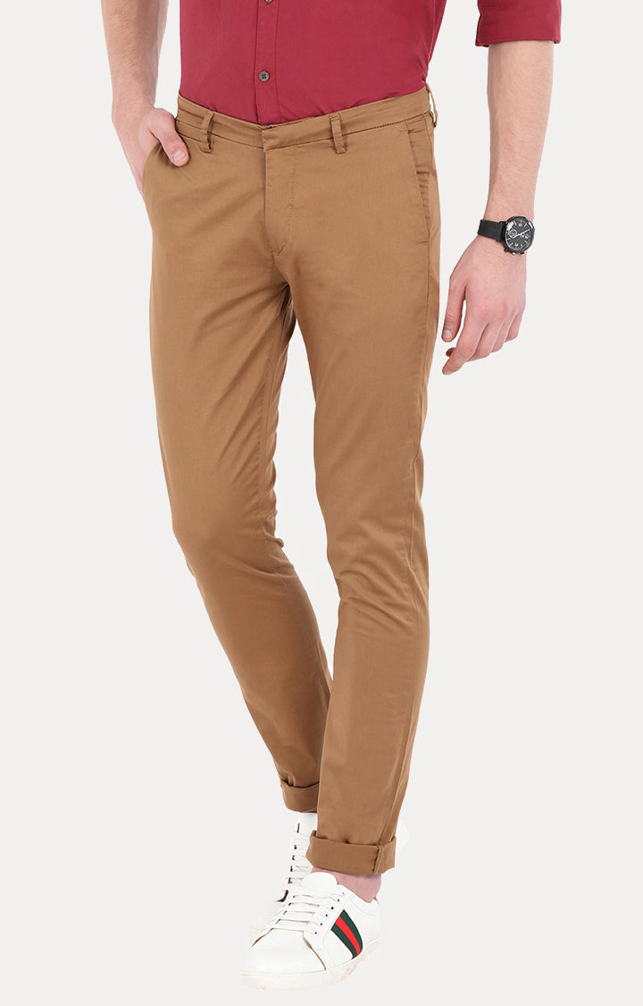 Spykar Men Brown Cotton Slim Fit Casual Trousers