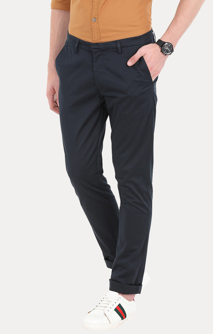 Spykar Men Blue Cotton Slim Fit Casual Trousers