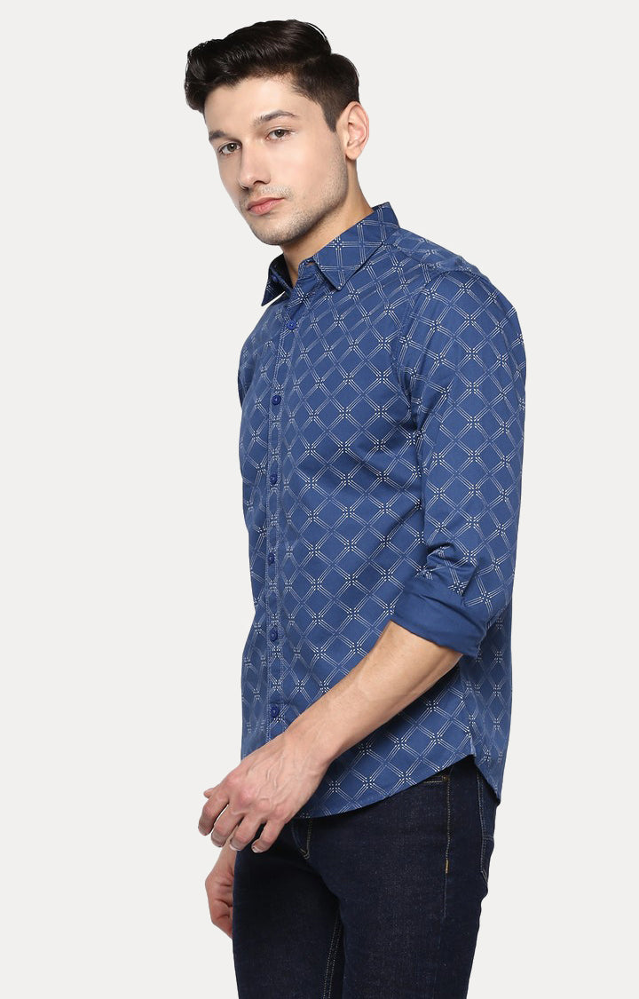 Spykar Men Blue Cotton Slim Fit Printed Shirts