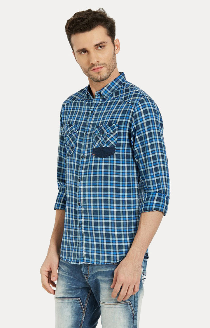 Spykar Men Blue Checked Slim Fit Casual Shirt