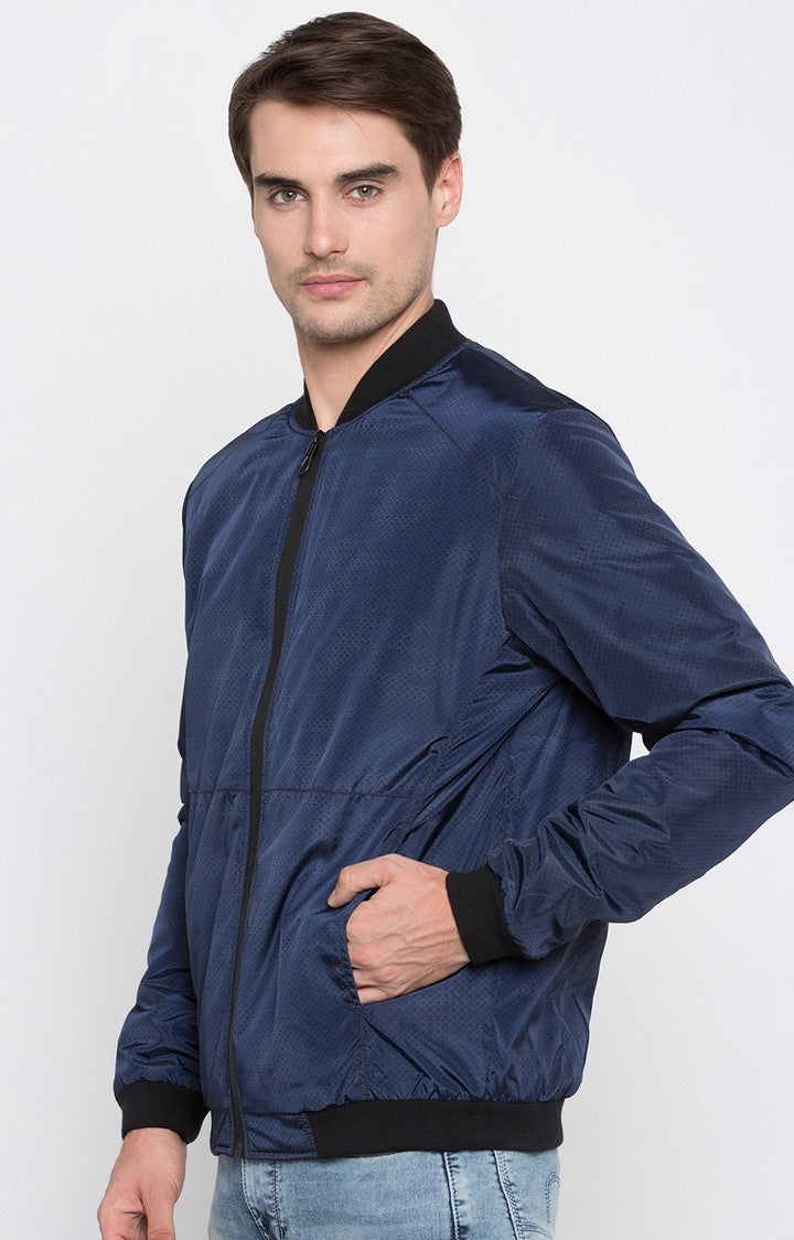 Spykar Men Blue Cotton Regular Fit Bomber Jacket