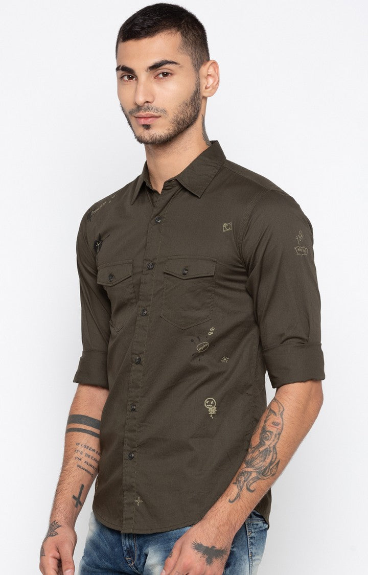 Spykar Men Olive Solid Slim Fit Casual Shirt