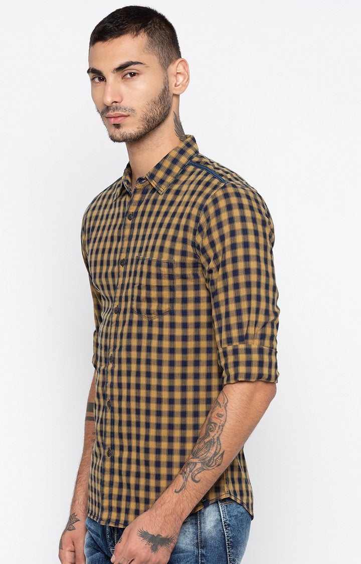 Spykar Men Navy & Light Brown Checked Slim Fit Casual Shirt