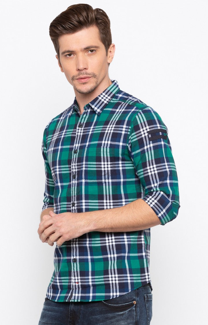 Spykar Men Green Checked Slim Fit Casual Shirt