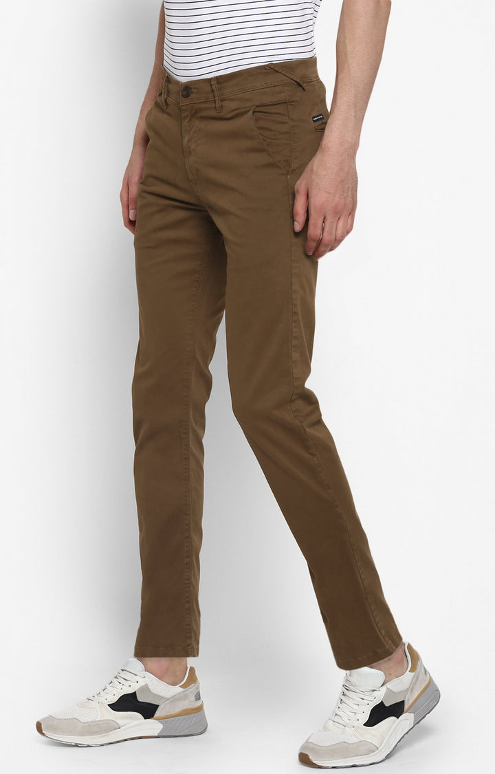 Spykar Men Brown Cotton Slim Fit Casual Trousers