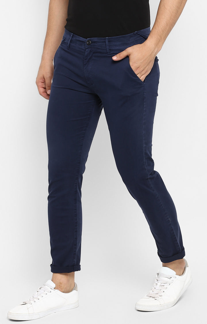 Spykar Men Blue Cotton Slim Fit Casual Trousers