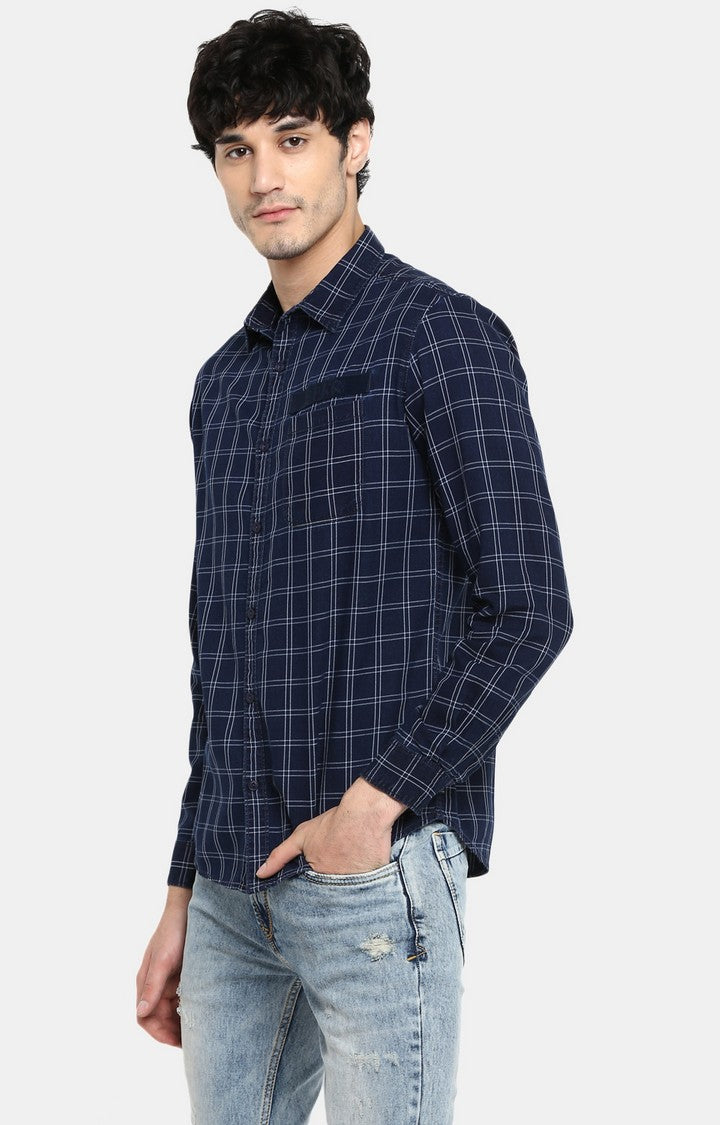 Spykar Men Blue Checked Slim Fit Casual Shirt