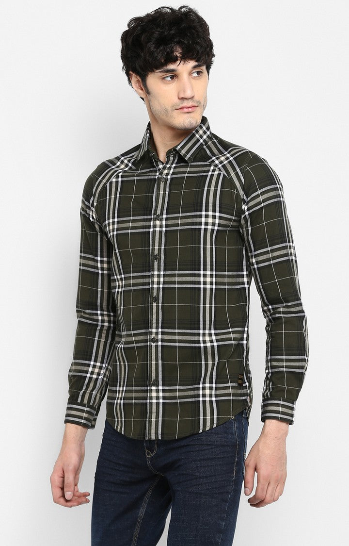 Spykar Men Olive Checked Slim Fit Casual Shirt