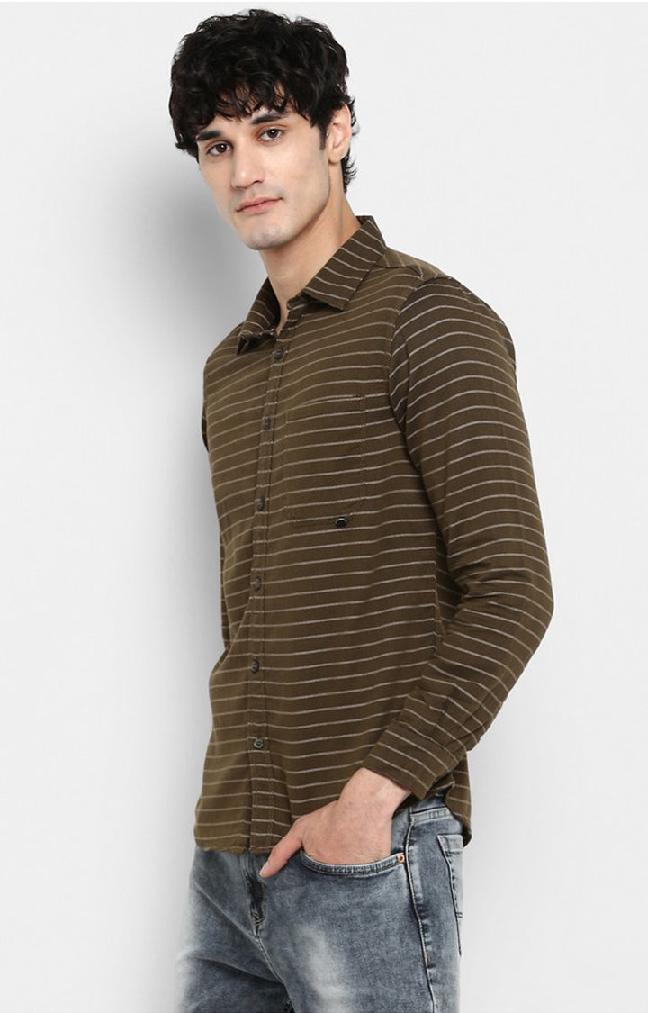 Spykar Men Khaki Striped Slim Fit Casual Shirt