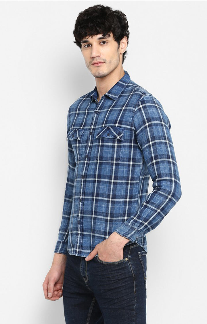 Spykar Slim Fit Men Blue Checked Casual Shirt