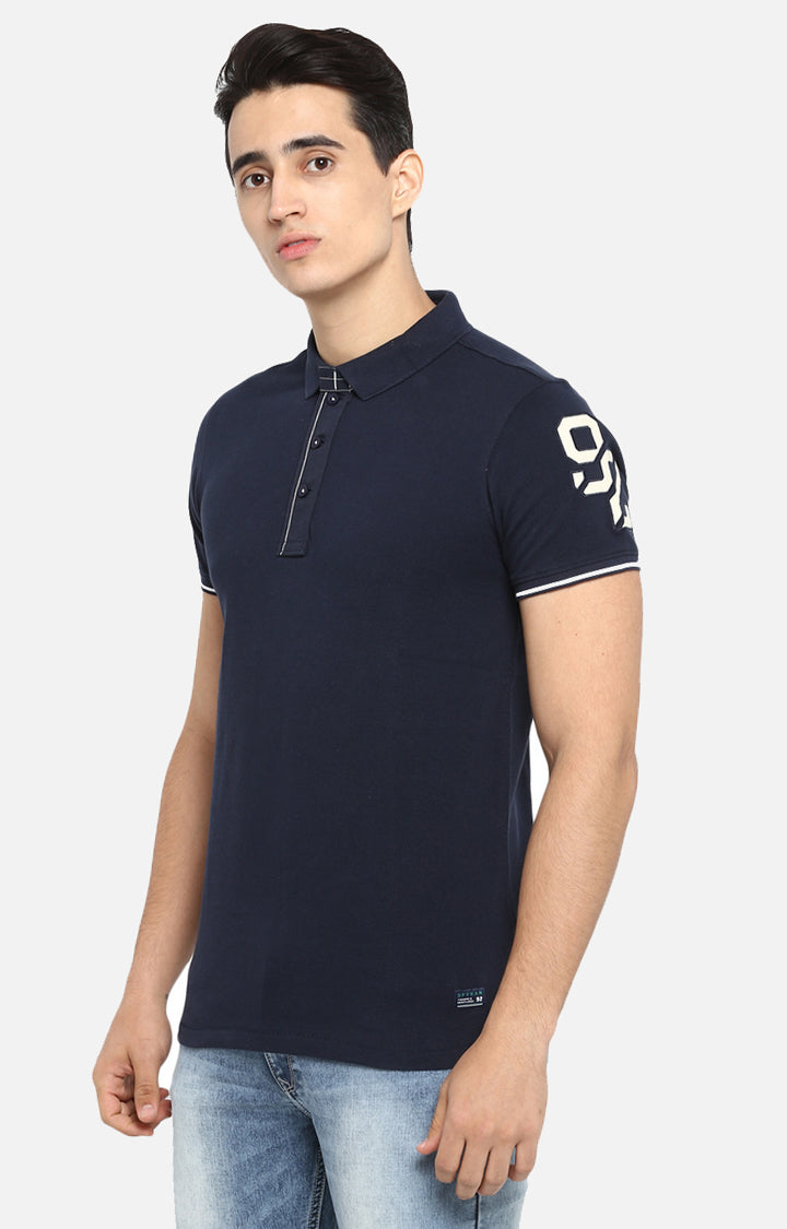 Spykar Men Blue Cotton Slim Fit Polo T-Shirt