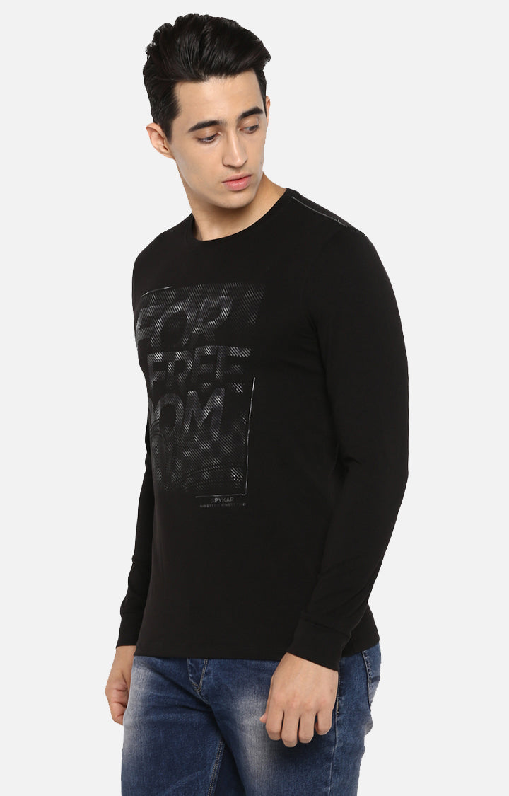 Spykar Men Black Cotton Slim Fit Round Neck T-Shirt