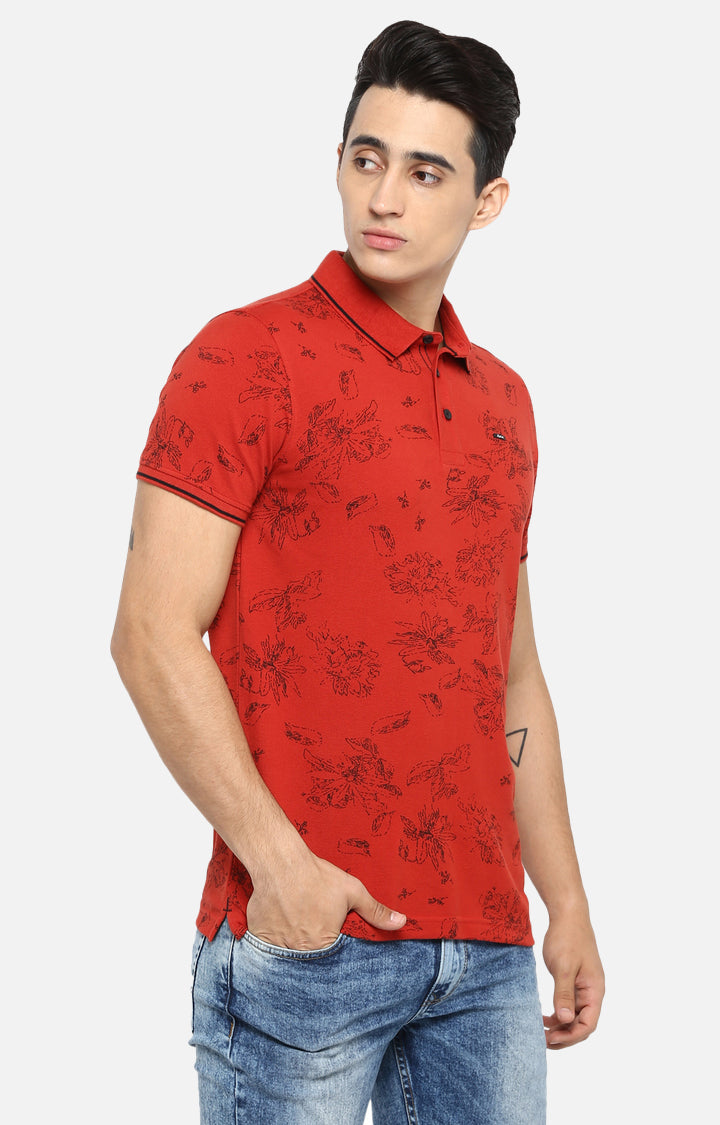 Spykar Men Red Cotton Slim Fit Polo T-Shirt