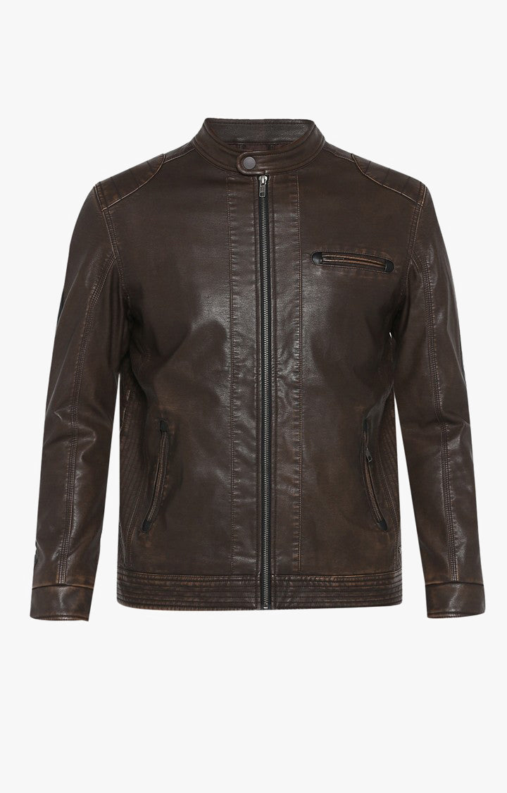 Spykar Brown Pu Slim Fit Jacket For Men