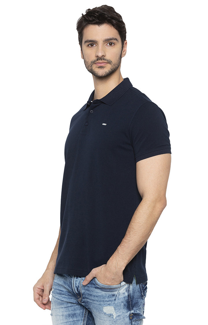 Spykar Men Blue Cotton Slim Fit Polo T-Shirt