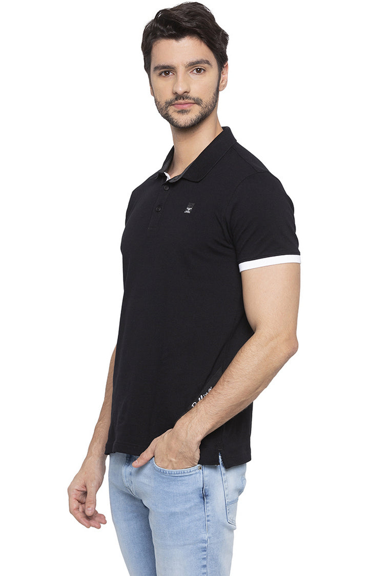 Spykar Men Black Cotton Slim Fit Polo T-Shirt