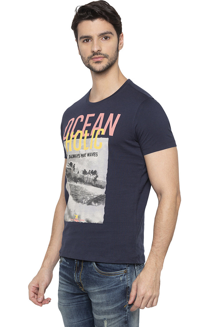 Spykar Men Blue Cotton Slim Fit Round Neck T-Shirt