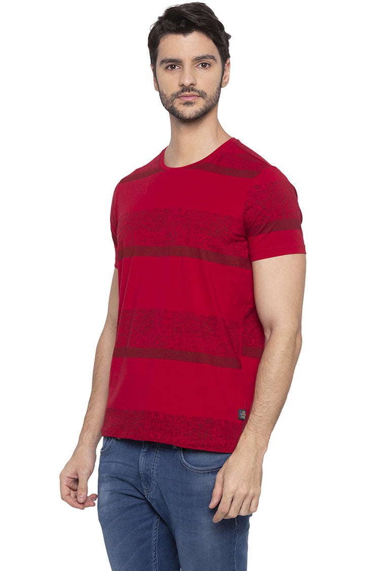 Spykar Men Red Cotton Slim Fit Round Neck T-Shirt